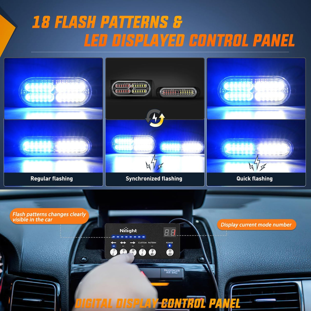 8PCS Led Strobe Lights with Controller 12V 24V Sync Feature Blue White Emergency Hazard Warning Light 12 24 LED Surface Mount for Vehicle Car Truck RV ATV