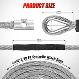 Winch Rope 1/4 Inch x 50 Feet 9000 LBS Synthetic Winch Line Cable with Black Protective Sleeve for ATV Towing Winches with Synthetic Ropes UTV Truck Boat SUV Vehicle, Grey