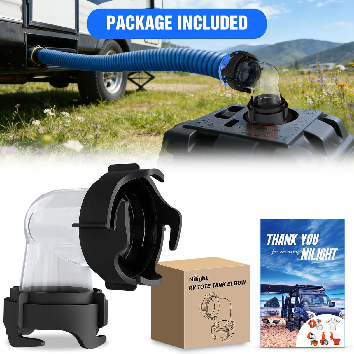 90 Degree RV Tote Tank Adapter, Clear RV Sewer Hose Elbow Fitting with 4 Swivel Bayonet Prongs Leak-Proof Double Odor-Tight Sealing Ring for RV Camping Portable Waste Tank Sewer Hoses, Black