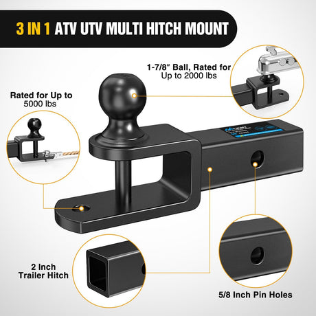 3 in 1 ATV UTV Multi Hitch Mount with 2 Inch Receiver 1-7/8 inch Ball Hitch Rated 2000 LBS Winch Strap Loop Rated 5000 LBS