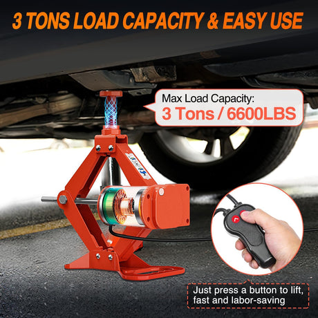 Electric Car Jack 3 Ton 6600LBS Floor Jack Kit Automatic 12V Electric Scissor Lift Jack Portable Repair Tool with Remote Control Double Jack Pads for Car Tire Change Replacement, Orange Red