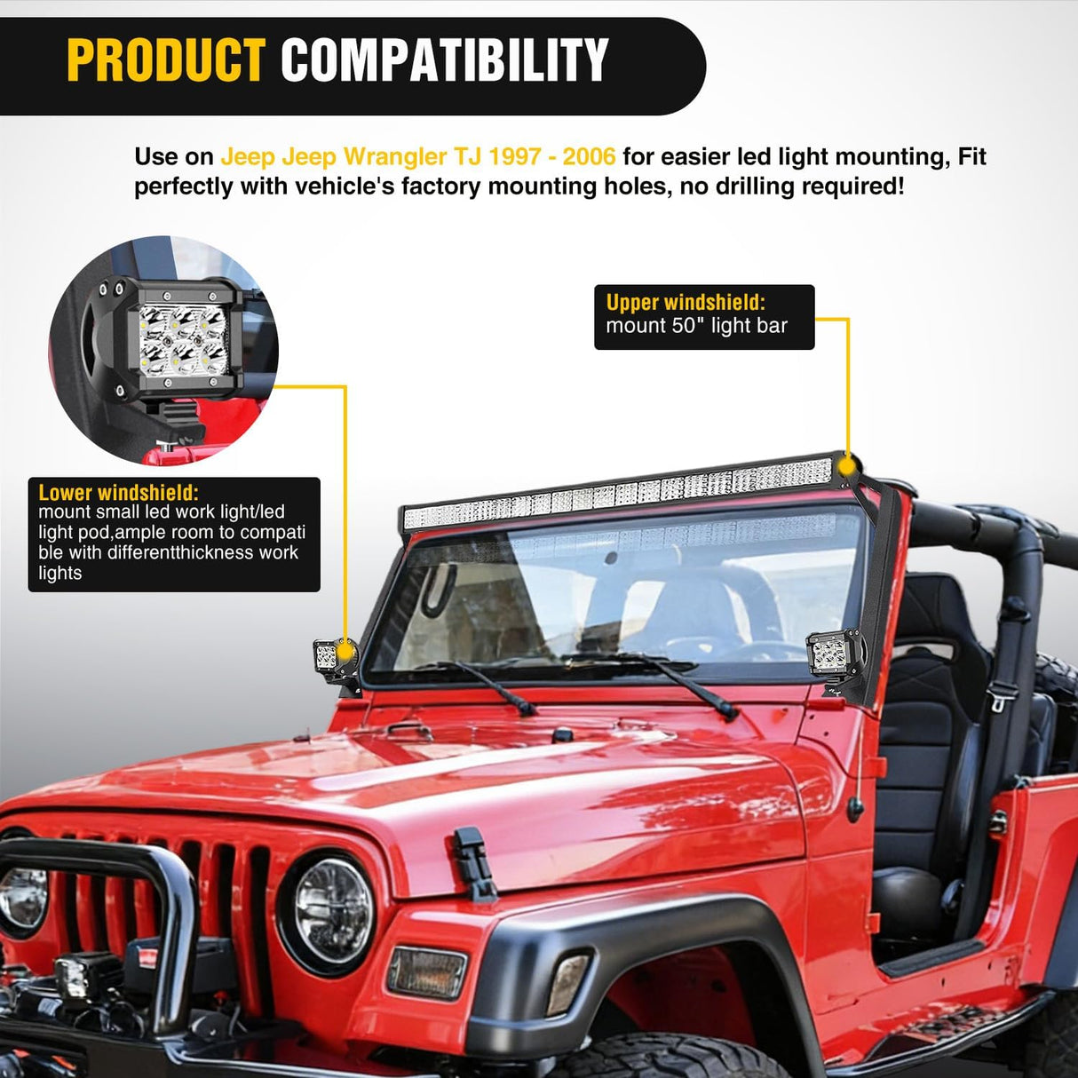 50inch Light Bar Windshield Frame Mounting Brackets for Jeep Wrangler TJ 1997-2006 No-Drill A-Pillar Light Mount for Pod Lights, Heavy Duty Steel Off-Road LED Light Bar Dual Mount
