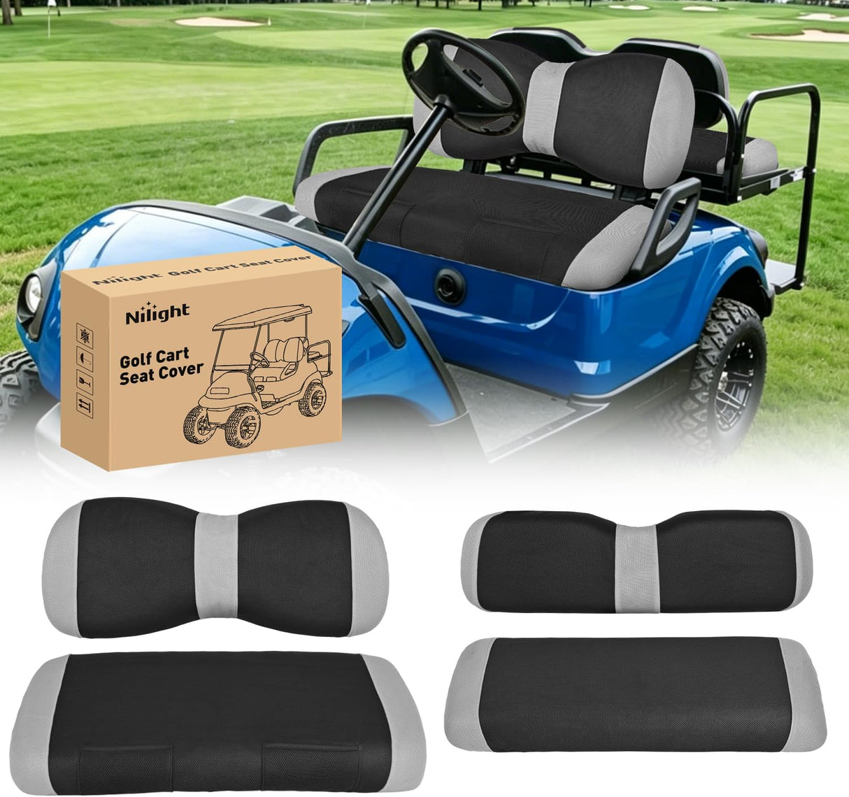 Golf Cart Seat Covers 2PCS Grey Black Yamaha Club Car Precedent | Breathable Sun Scratch Resistant Washable No Staple Fits 2007-2016 Yamaha G29 2017-2026 Drive2 2004-2019 Club Car Precedent