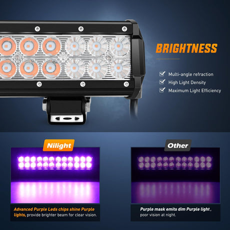 LED Light Bar 12 Inch 72W Spot Flood Combo Purple Beam Off Road Lamp Fishing Hunting Emergency Deck Work Lighting for Trucks UTV Pick-up Van Boat Tractor