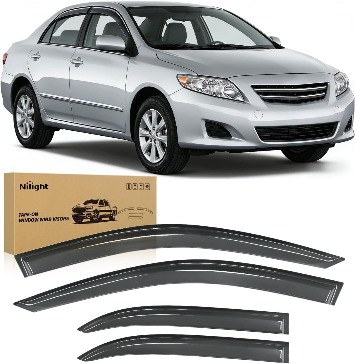 Rain Guards for Toyota Corolla 2003 2004 2005 2006 2007 2008 | Tape-On Window Visors Vent Visors Window Deflectors Fresh Air Ventilation Smoke Tint, 4PCS