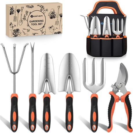 Gardening Tools 7-Piece Heavy Duty Garden Tool Set Gardening Supplies Gifts for Women Men Gardening Hand Tool Kit with Non-Slip Ergonomic Handle, Garden Bag, Pruning Shears, Black Orange