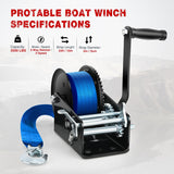 Boat Trailer Winch 3500 LBS Hand Crank Winch Heavy Duty Boat Winches with 33 FT Blue Strap Rope Hook Two Way Ratchet 4:1 8:1 Gear Portable Marine Manual Winch for Trailers Boat RV ATV Towing