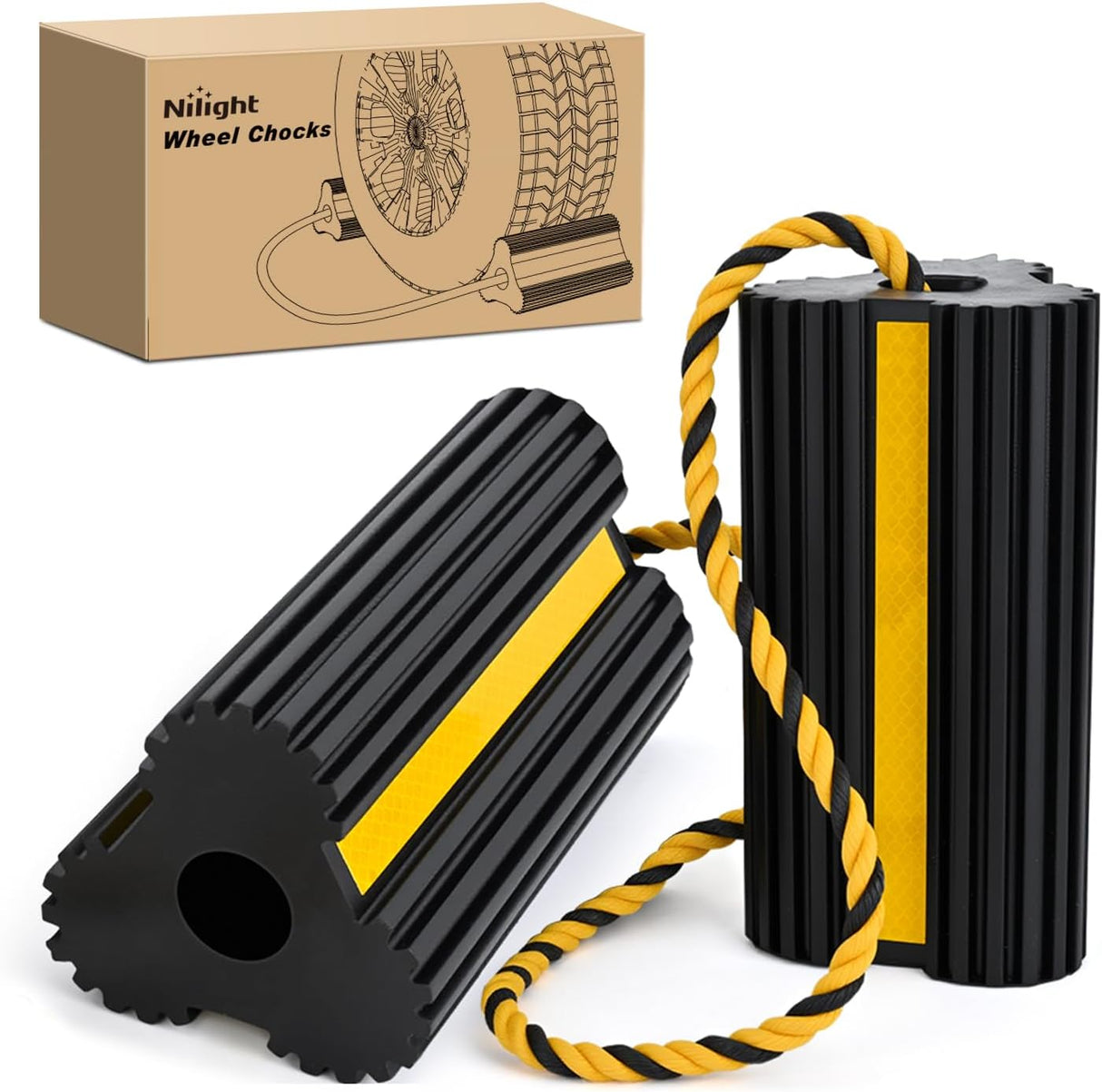 Wheel Chocks RV Car Heavy Duty Rubber Tire Chock Blocks Stopper Yellow Reflective Strips Stabilizer 2 Pack with Rope for RVs Cars Travel Trailers Campers Trucks Motorcycle Accessories Parking