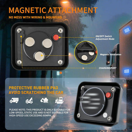 12LED Magnetic Wireless Trailer Lights 2PCS Rechargeable Portable Hazard Beacon Warning Light Blue Emergency Strobe Light for Trucks Trailers Vehicles Cars Bus Surface Mount