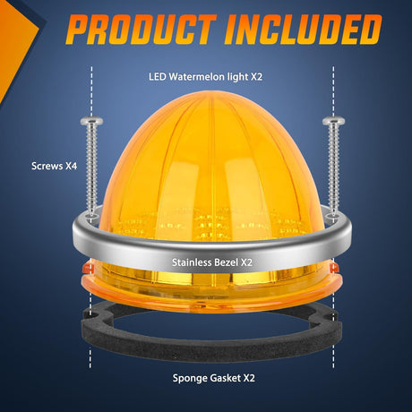 Watermelon Light 17 LED Triple Function 2PCS Amber Lens Stainless Steel Bezel Marker Clearance Strobe Turn Signal Lights 4 Plug IP68 Waterproof for Trailer Truck Pickup Camper RV ATV UTV Boat