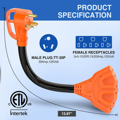 30 Amp to 110V RV Power Adapter Cord NEMA TT-30P Male to 3X 5-15R/5-20R Female RV Distribution Adapter Plug ETL Listed 3-Way Outlets for RVs Camper Generator Household Outdoor Power Converter