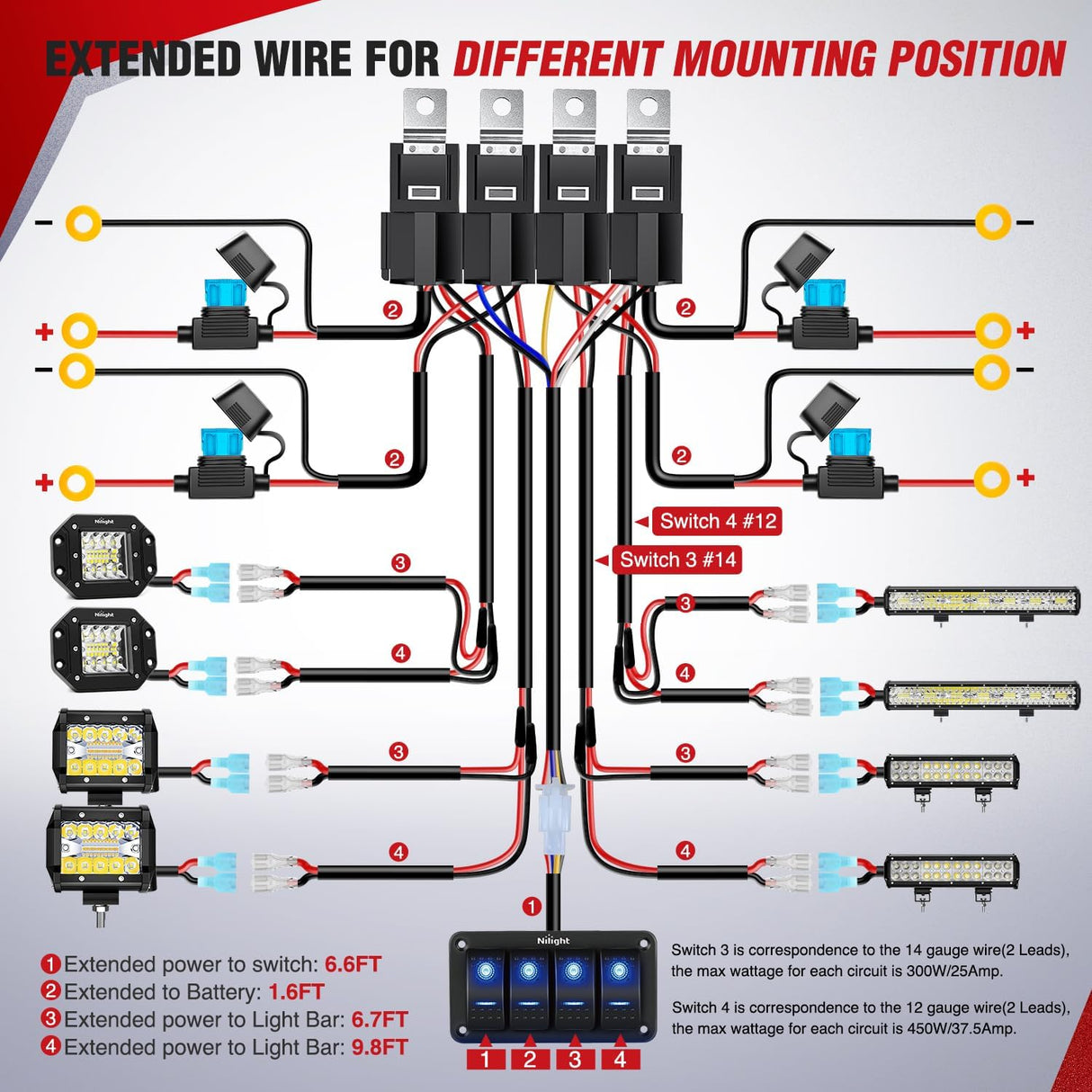 16AWG 14AWG 12AWG LED Light Bar Wiring Harness Kit 12V On/Off 4 Gang Rocker Switch Panel Power Relay Blade Fuse 5Pin Toggle Switches for Cars Boat ATV Trucks-8 Leads