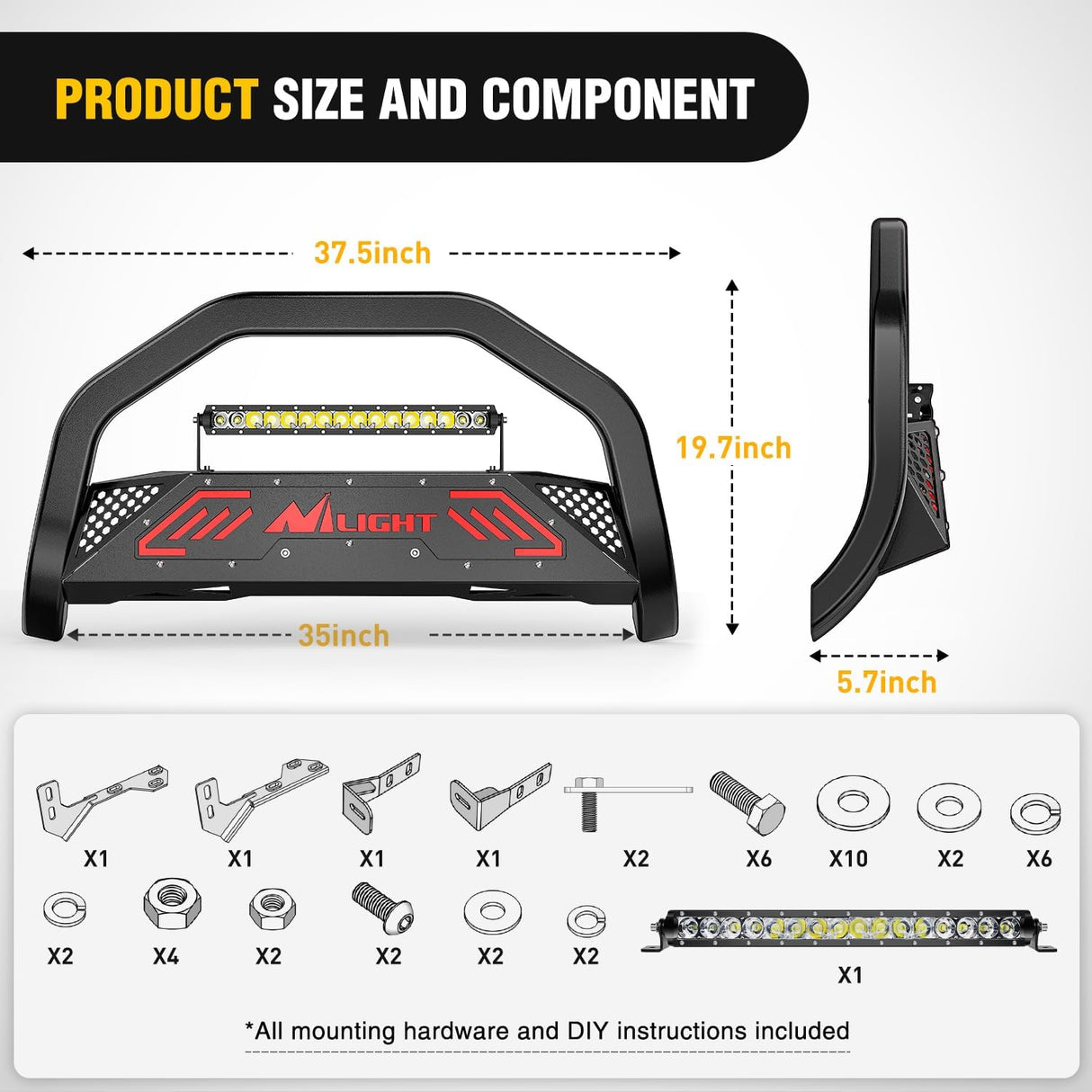 Bull Bar with Light fits Dodge Ram 1500 New Body 2019-2024 (Not fit Rebel,TRX,Classic & 20-22Diesel) Front Bumper Grille Brush Push Guard with Skid Plate Licence Hole Black