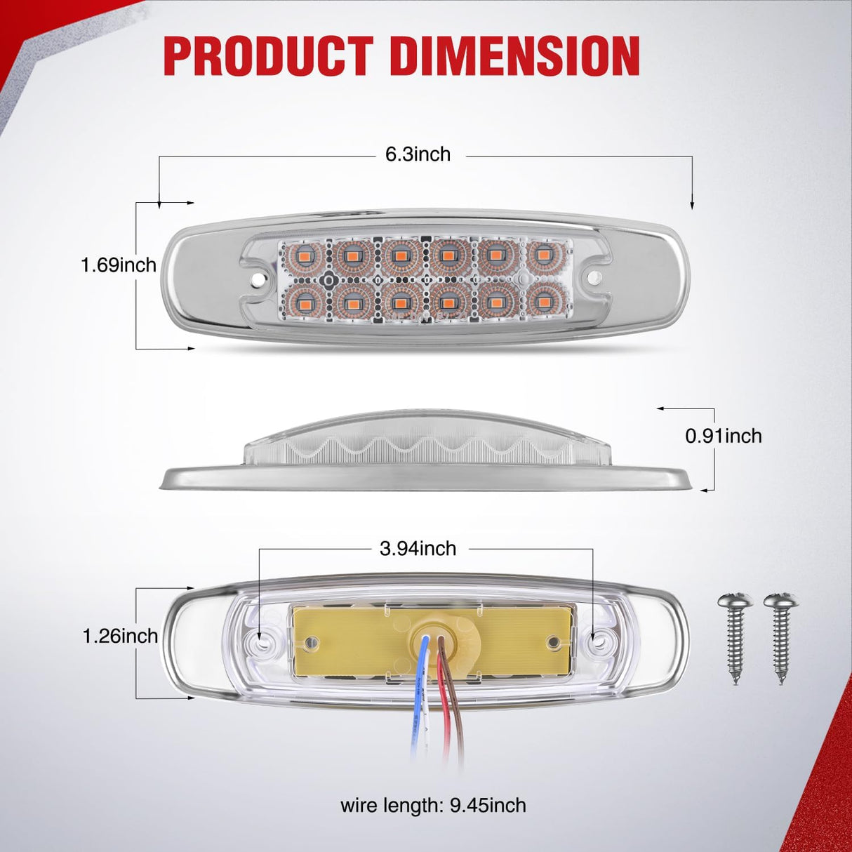 6.3 Inch Amber Rectangle Side Marker Light, White Lens, High Low Strobe | 12 LED IP67 Waterproof Chrome Bezel 12V Surface Mount Marker & Clearance Light Fits Pickup Trucks Trailers RVs Boats,10 Pack