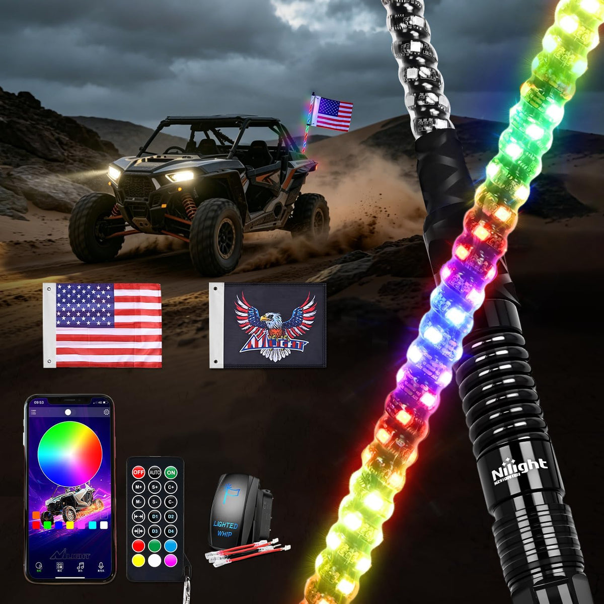 RGB LED Whip Light 1PC 3FT Spiral Antenna Whips | APP and Remote Control with DIY Chasing Patterns Brake Reverse Functions and Spring Base for ATV UTV RZR Can Am and Jeep