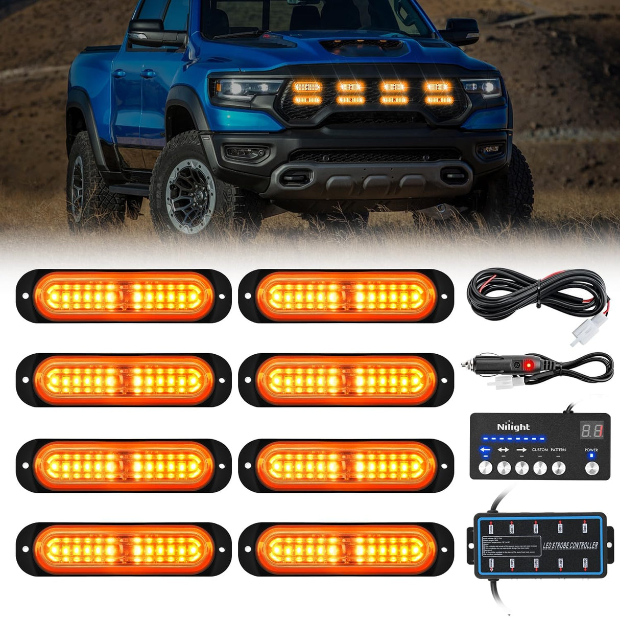 8PCS Led Strobe Lights with Controller 12V 24V Sync Feature Amber Strobe Light 12 LED Surface Mount Emergency Hazard Warning Lights with Strobe Controller for Vehicle Car Truck RV ATV