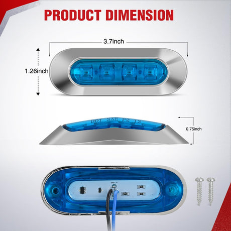 10PCS Blue Oval Side Marker Lights 4 LED 3.7 Inch Clearance Lamp IP68 Waterproof DC 12-24V with Chrome Bezel Universal for Car Auto Truck Bus Trailer Boat Deck