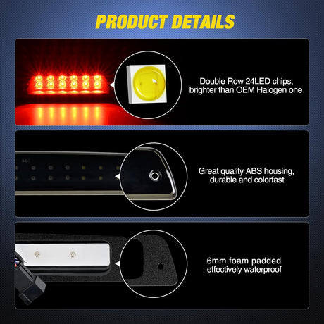 Third Brake Light Tail High Mount 3rd Stop Cargo Reverse Lights Smoked Lens Compatible with Dodge Ram 1500 2500 3500 1994 1995 1993 1997 1998 1999 2000 2001 Pickup Truck Rear Cab Lamp