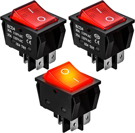 3PCS DPST Rocker Switches 12V 30A/110V 35A/125VAC Red Lighted 4 Pin 2 Position ON Off Toggle Switch KCD4 for Car Automotive Truck Boat Marine Off-Road Vehicle