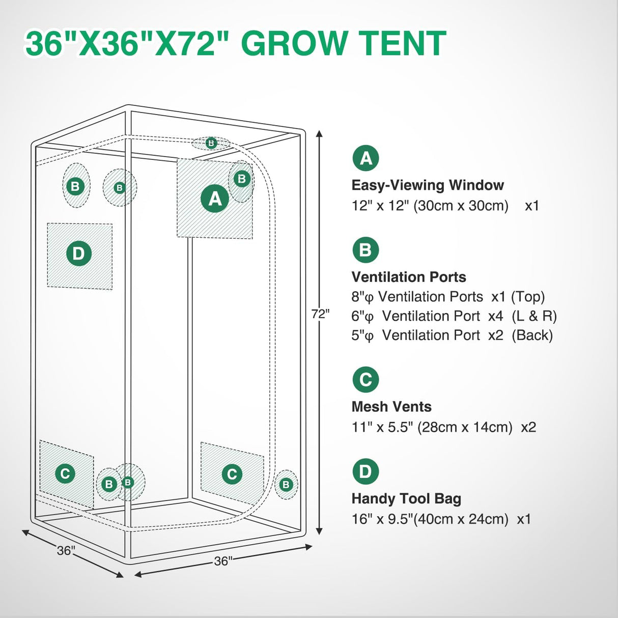 3x3 Grow Tent 36 Inchx36 Inchx72 Inch High Reflective Mylar Indoor Growing Tents 600D Oxford Cloth with Observation Window and Removable Floor Tray for Hydroponics Indoor Plants Fruit Flower Veg Growing