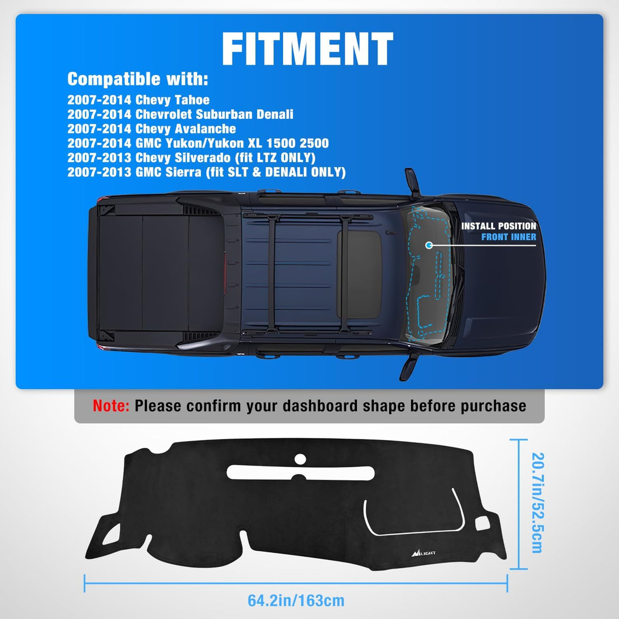 Dash Cover for 2007‑2013 Chevy Silverado / GMC Sierra 1500 2500 3500, Suede Dashboard Mat Sunshade Glare Dashboard Protector Truck Interior Accessories Black