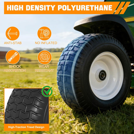 16x6.50-8 Solid Lawn Mower Tires, Flat Free Polyurethane Replacement Wheels with 1 Inch Axle Bore & 3 Inch Centered Hub, Heavy Duty Riding Mower Tire, 2 Pack