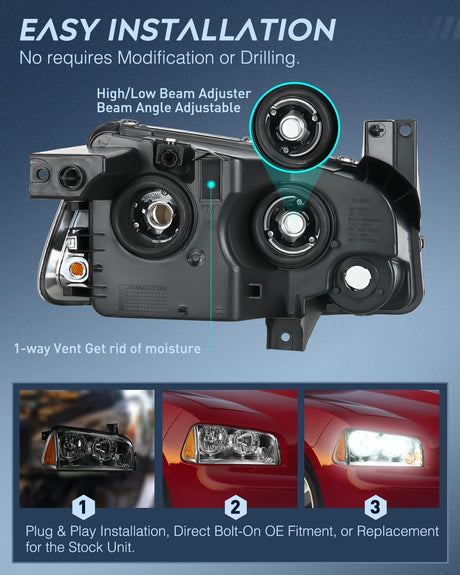 Headlight Assembly Compatible with 2006 2007 2008 2009 2010 Dodge Charger Smoke Housing Amber Reflector Clear Lens Headlights Replacement Bumper Lamp Set Driver and Passenger Side