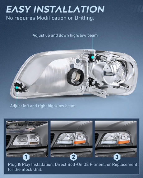 Headlight Assembly Compatible with 1997 1998 1999 2000 2001 2002 2003 Ford F-150 Expedition Chrome Housing Amber Reflector