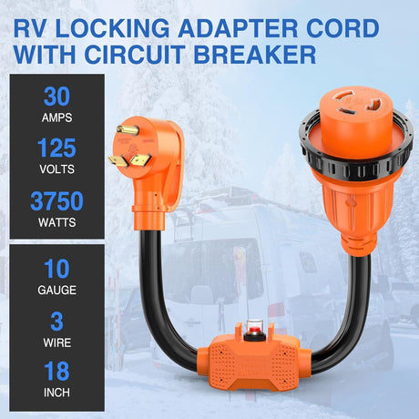 RV Locking Adapter Cord with Circuit Breaker Overload Protector 30 Amp to 30Amp Plug 110V Electrical 10 Gauge Wire ETL Listed TT-30P to L5-30R 30M/30F Weatherproof for RV Camper Caravan Van