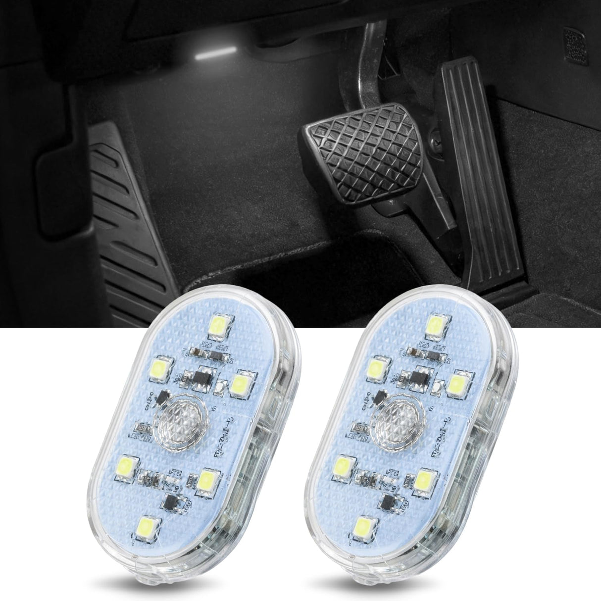 2 PCS White Color Wireless Magnetic LED Interior Lights | USB Rechargeable Universal Mini Sticky Footwell Ambient Atmosphere Reading Lamp with Touch Sensor, Portable Night Lighting