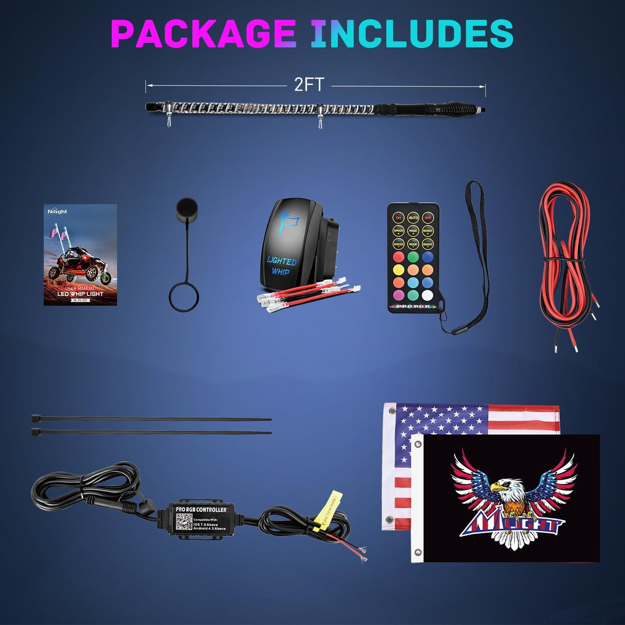 COB RGB LED Whip Light 1PC 2FT Spiral Antenna Whips | Bluetooth APP and Remote Control with DIY Chasing Patterns Music Sync and Spring Base for ATV UTV RZR Can Am and Truck