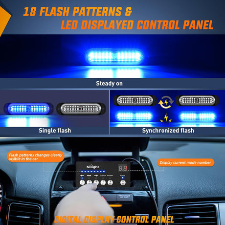 8PCS Led Strobe Lights with Controller 12V 24V Sync Feature Blue Strobe Light 12 LED Surface Mount Emergency Hazard Warning Lights with Strobe Controller for Vehicle Car Truck RV ATV
