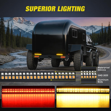 Truck Tailgate Light Strip 7 Inch Aluminum Frame Double Row 60 LED Red Running Brake Amber Sequential Turn Signals Strobe Lights Bar for Trailer Hitch Cargo Carrier Luggage Rack