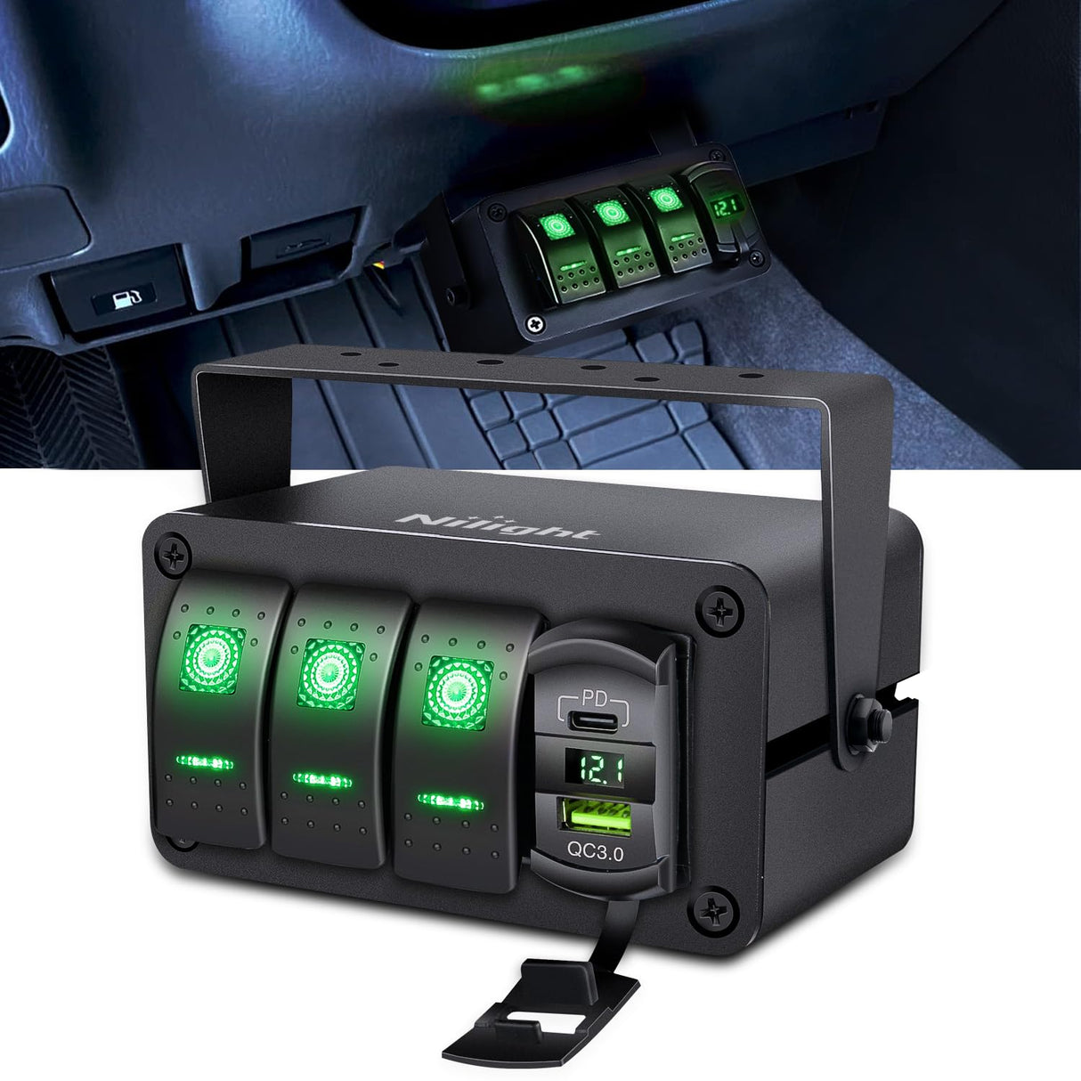 Rocker Switch 3 Gang Rocker Switch Box 12V SPST ON Off Toggle Switches PD Type C and QC USB Charger Voltmeter LED Light Waterproof Aluminum Mount Bracket Panel DIY Stickers for Boat Car RV Truck