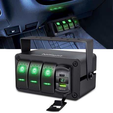 Rocker Switch 3 Gang Rocker Switch Box 12V SPST ON Off Toggle Switches PD Type C and QC USB Charger Voltmeter LED Light Waterproof Aluminum Mount Bracket Panel DIY Stickers for Boat Car RV Truck