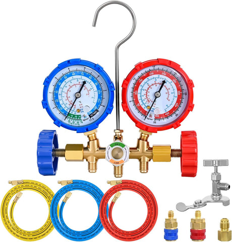 A/C Manifold Gauge Set Fits for R134a R12 R22 R502 3-Way Auto HVAC Diagnostic Gauges Refrigerant Recharge kit with Quick Couplers 5FT Hoses Universal Can Tap