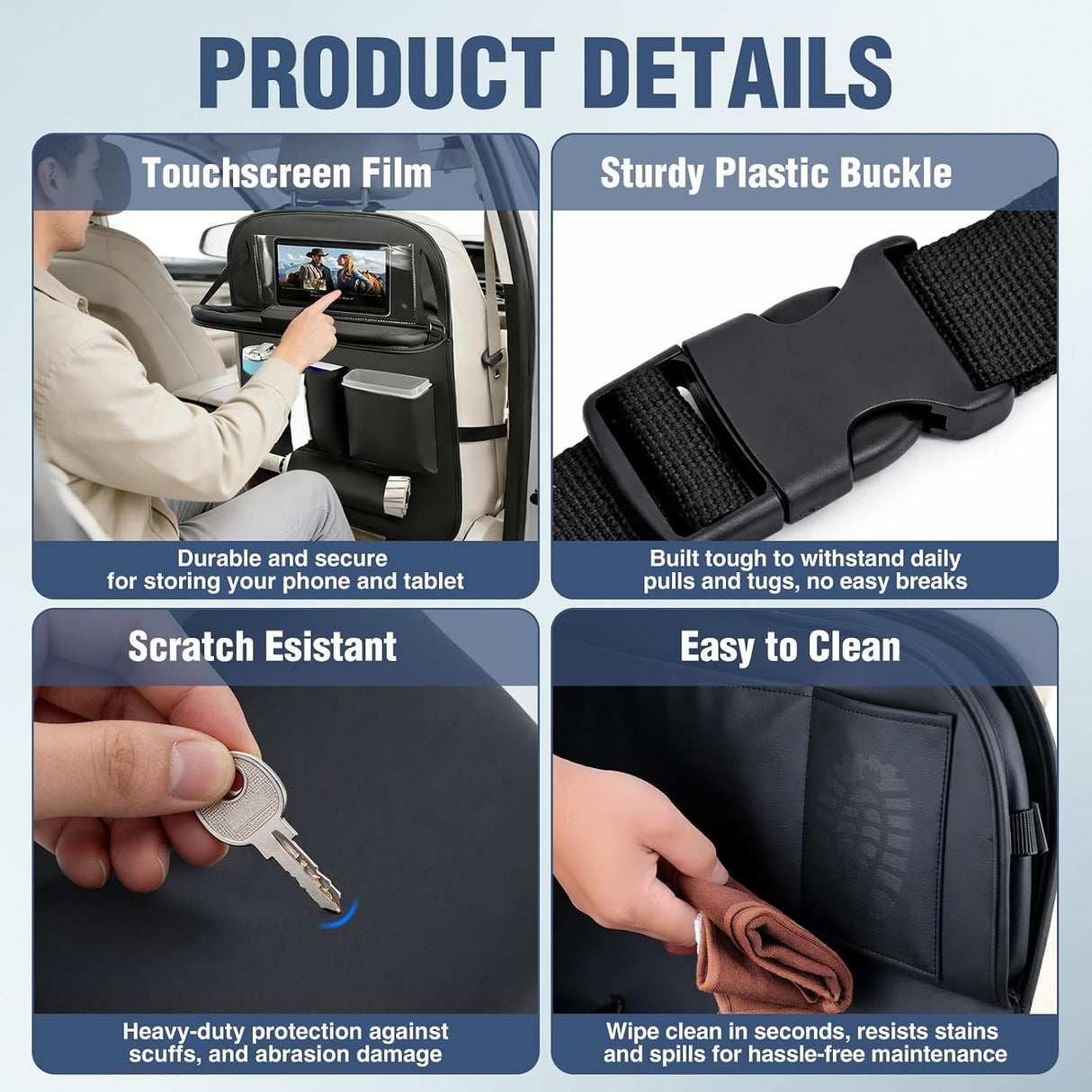 Car Seatback Organizer 2PCS Black PU Leather Universal | Foldable Tray Tablet Holder Tissue Box Removable Bucket Waterproof Storage Bag for Cars Vans SUVs MPVs Pickup Trucks