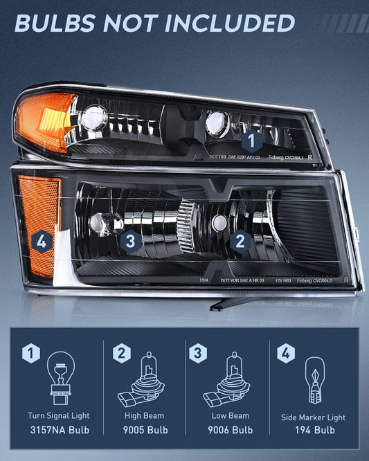 Nilight 2004 2005 2006 2007 2008 2009 2010 2011 2012 Chevy Colorado GMC Canyon Headlight and Taillight Assembly Combo OE Style Black Housing Amber Reflector with Red Tail Light