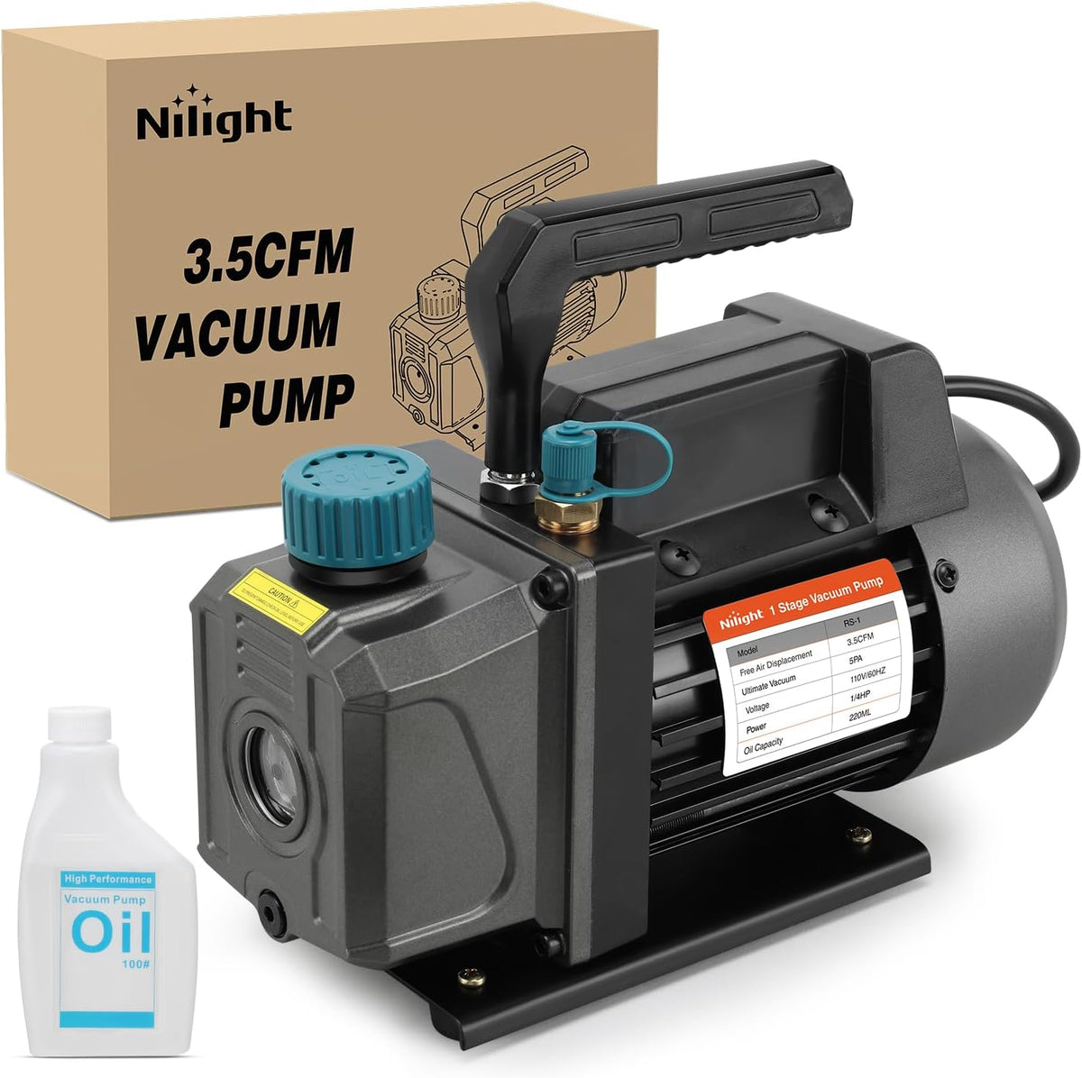 HVAC Vacuum Pump, 3.5 CFM 1/4 HP 110V Single Stage AC Vacuum Pumps Kit for R22 R404a R134a R410a 5 Pa Ultimate Vacuum for Auto Air Conditioning Servicing Refrigerant Recharging, Oil Included