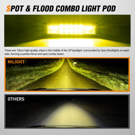 6 Inch Yellow LED Light Pods 2 PCS 60W Flood Spot Combo Beam Off Road Work Driving Fog Lighting for 12V 24V ATV UTV Pickup Truck Tractor Boat