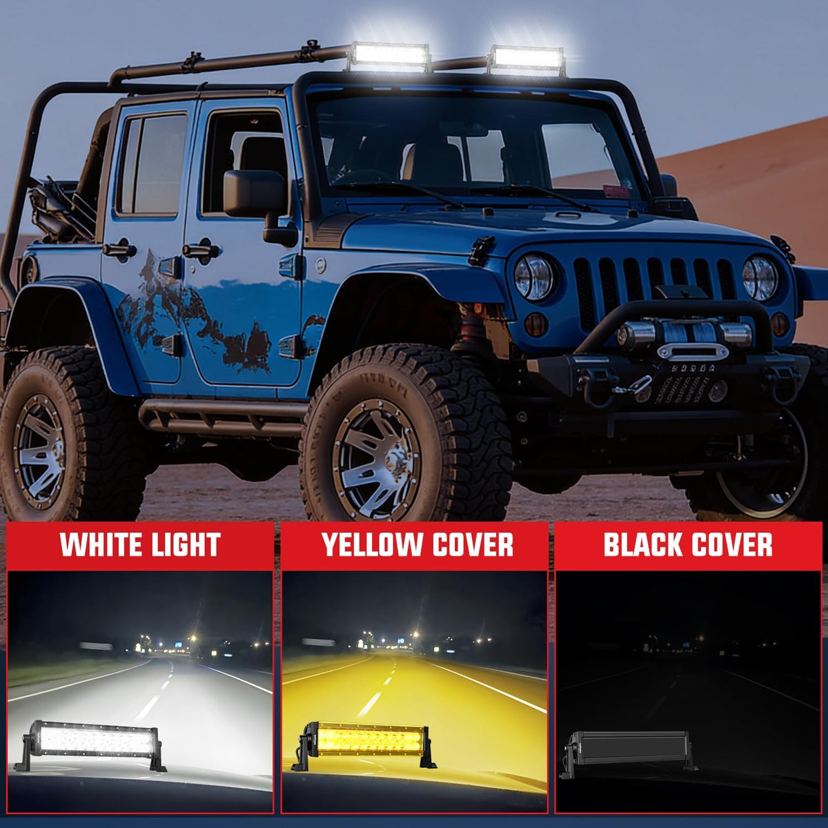 13.5 Inch 72 W LED Light Bar with Yellow Black Covers | Spot Flood Combo Lighting for Off Road Driving Fog Lamp on Motorcycle Van Camper Pickup Golf Cart ATV UTV SUV Truck Boat 4x4