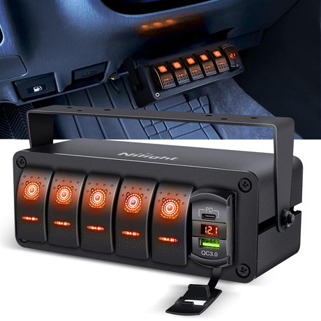 5 Gang Rocker Switch Box 12V SPST ON Off Toggle Switches PD Type C and QC 3.0 USB Sockcet Voltmeter LED Light Waterproof Aluminum Mount Bracket Panel DIY Stickers for Boat Car RV Truck