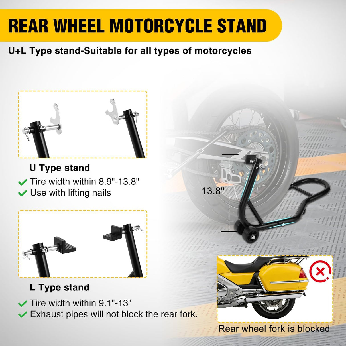 Universal Motorcycle Rear Wheel Stand Lift 850lbs with U + L Fork for Suzuki Yamaha Honda Kawasaki, Black