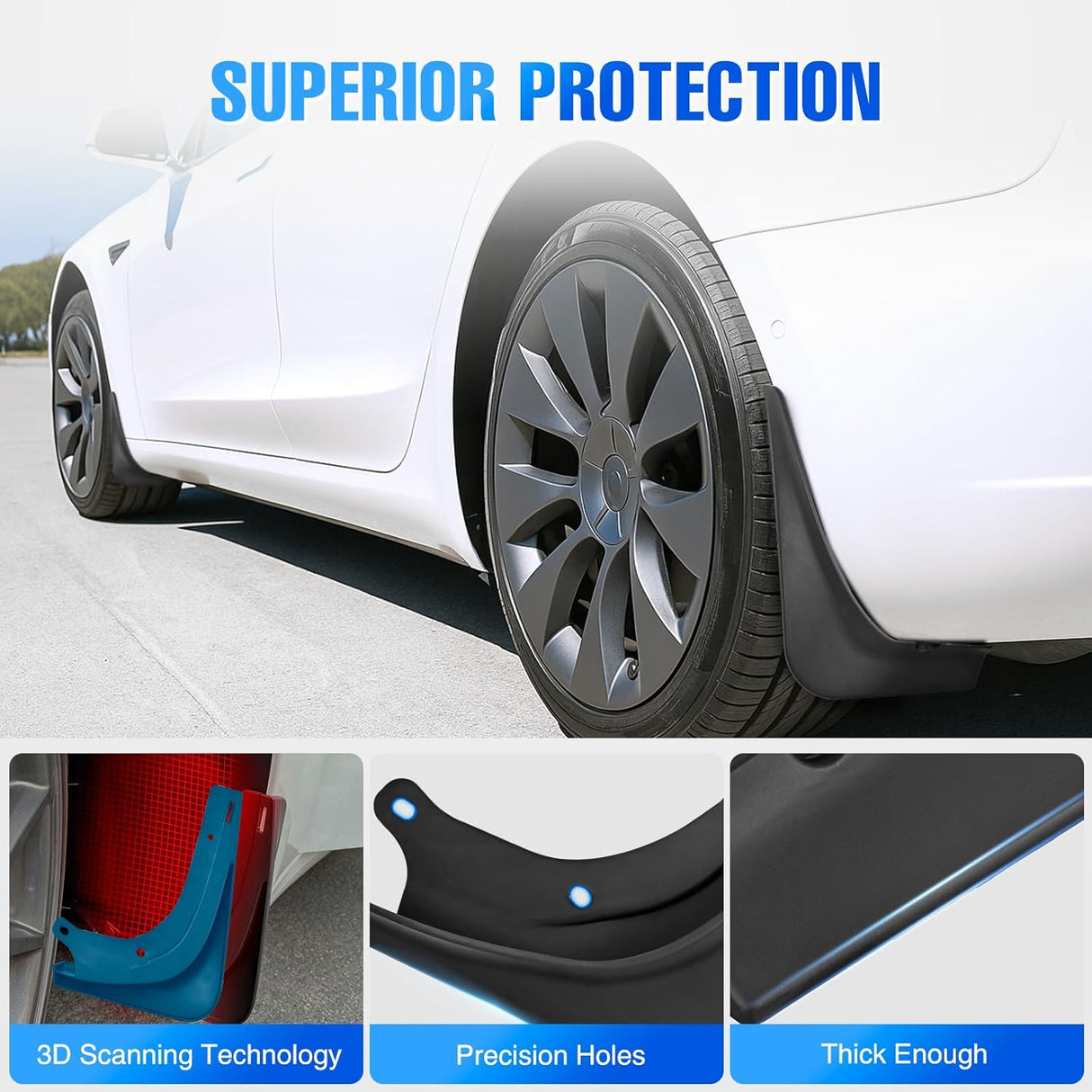 Mud Flaps for Tesla Model 3 2017 2018 2019 2020 2021 2022 2023, No Drilling Precision Fit Exterior Accessories Heavy-Duty Splash Guards Protection, Front & Rear Set