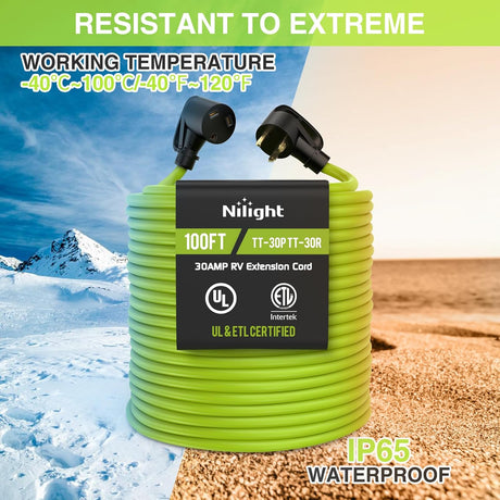 100FT 30 Amp RV Extension Cord 125V Heavy Duty 10/3 Gauge Pure Copper STW Wire UL ETL Listed 3 Prong TT-30P TT-30R Weatherproof Suit for Camper Caravan Trailer Bright Green