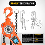 3/4 Ton 1650 lbs Manual Lever Chain Hoist G80 Galvanized Carbon Steel with Weston Double-Pawl Brake Auto Chain Leading & 360° Rotation Hook for Garage Factory Dock
