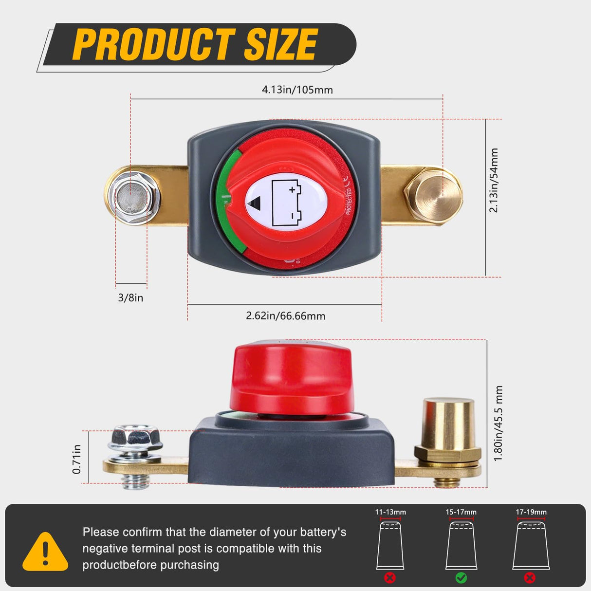 Side Post Battery Disconnect Switch with Adapter Negative | 12V-48V 275A Marine Battery Kill Switch ON OFF Negative Power Cut Shut Off for Boat Car RV