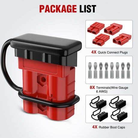 Anderson Connector 50AMP 6AWG Anderson Plug 12V-36V Battery Quick Connect/Disconnect Wire Harness Plugs Connectors Kit for 6 Gauge Cables Car Marine ATV Trailer Towing Winch Motor, 4 Pack Red