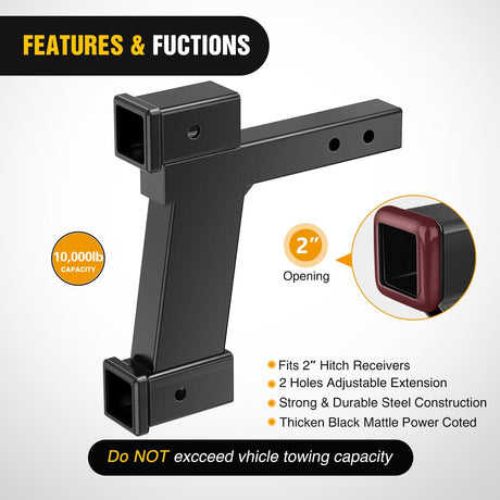 Trailer Hitch Extension Riser for 2 Inch Receiver with 2 and 10Inch Rise or Drop with Bolt Nut Clip 10,000 lbs Capacity Adjustable Extend 8 Inch 10 Inch Length Black Coated for Class I-VI Receivers