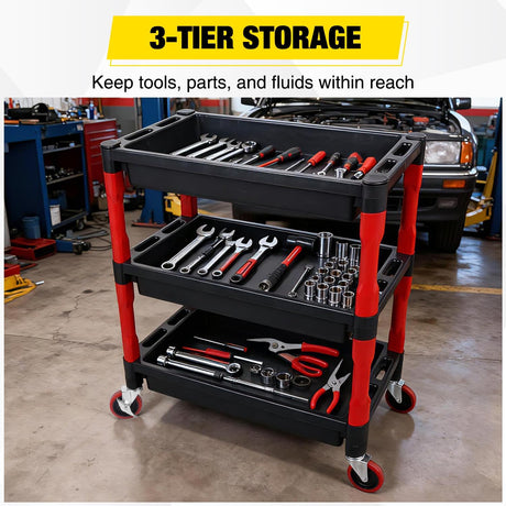3-Tier Rolling Utility Cart with 4 Inch Swivel Wheels, Heavy-Duty Plastic Tool Cart for Auto Detailing, Garage & Workshop